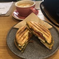 Dirty chai latte and kozi syr bagel   at Share Sweet & Wine Bar in Prague