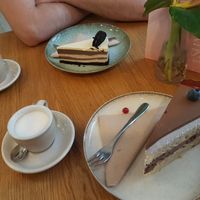 Chocolate and vanilla sponge cake, Oreo Cheesecake, expresso and macchiato for 305 kC. at Share Sweet & Wine Bar in Prague