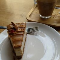 Lotus cheesecake and flat white at Share Sweet & Wine Bar in Prague