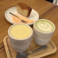 Turmeric latte and matcha lattee  at Share Sweet & Wine Bar in Prague