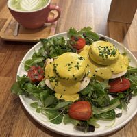 Tofu Benedict and Matcha Latte  at Share Sweet and Espresso Bar in Prague