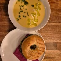 Delicious Cauliflower soup and bagel with pesto and sun dried tomatos. at Share Sweet and Espresso Bar in Prague