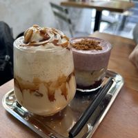 Caramel popcorn latte and blueberry muffin lattee  at Share Sweet & Wine Bar in Prague