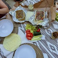 Aubergine/potato, chickpea/spinach (with forgotten spinach), rice and papadum. Added our own salad and quinoa 🌱   at The Red Fort II in Mallorca