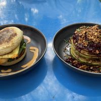 Breakfast sandwich and matcha pancakes  at Seaside Eatery in Key Largo