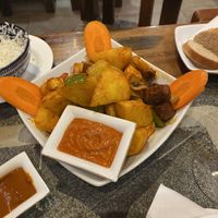 Patata bravas, Indian style   at Vegan Mount in Barcelona