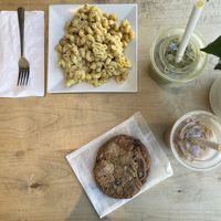 Vegan mac & cheese, vegan cookie, matcha with oat mylk, latte with oat mylk at The Beanery Cafe in Summerland