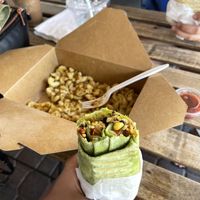 Vegan mac & cheese, vegan vegetable wrap at The Beanery Cafe in Summerland