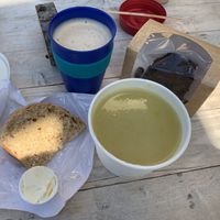 Soup, oat milk latte and gingerbread  at Pillars of Hercules Organic Farm Shop and Cafe in Falkland