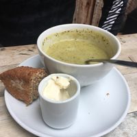 Broccoli, courgette and almond soup with crusty bread, and vegan butter  at Pillars of Hercules Organic Farm Shop and Cafe in Falkland