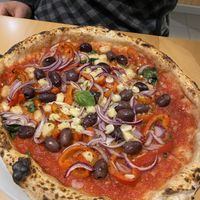 Marinara with vegan cheese, olives, red pepper & onions  at Pizzeria Lume in Funchal