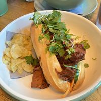 Jackfruit hot dog and tomato soup  at De Koffiepot in Midsland