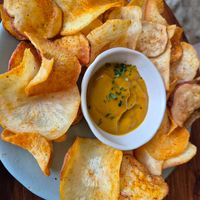 Hand cut chips with manho sauce at Greenr Cafe in New Delhi