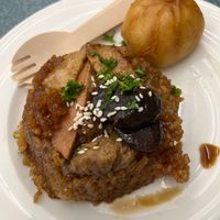 Mock chicken sticky rice and dumpling  at HeartFood in Hobart