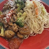 Gluten free- mushrooms with soy nuggets and noodles. This is the small serving and it was plenty for me for lunch   at HeartFood in Hobart