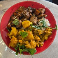 Pumpkin, potato chickpea and mushroom soy nuggets  at HeartFood in Hobart