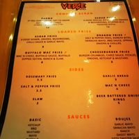 Menu at V-EDGE in Middlesbrough