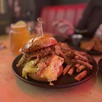 Phat Stacks Smash Burger - Brioche bun, cheezburger, onions, BBQ sauce, 2 huge chkn strips and cheez sauce. Bangin with a pound of fries    at V-EDGE in Middlesbrough