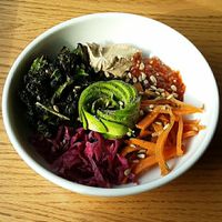 Savory Breakfast Bowl - NO egg, quinoa tabouli, black beans, kale, house-made sunflower tahini, citrus+ginger carrots, pickled red cabbage, spicy sambal + ($1) avocado at The Hub Cafe in Lincoln