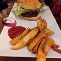 Impossible burger with fries at Boardrider's in Luquillo