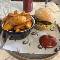 Bean burger with spicy fries   at Monty's Burger Bar in Bicester