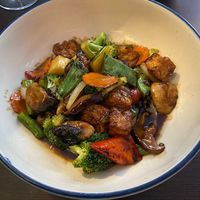 Tofu and vegetables with broccoli and asparagus in oyster sauce.  at Petit Bangkok in Sitges