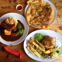 ham and leek pie, tofu-ish and chips and a side of garlic bread at The Railway Hotel in Southend-on-sea