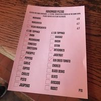 pizza bar order form at The Railway Hotel in Southend-on-sea