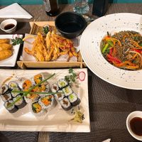 Veggie maki sushi set, veg tempura, Inari sushi, and chap he with rice noodles (Yaki soba had egg noodles so couldn't buy) at Yorokobi by CJ in Aberdeen