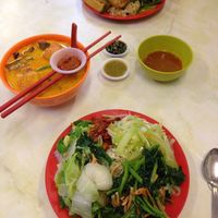 buffet dishes with curry mee at Sweet Veggie in Kuala Lumpur