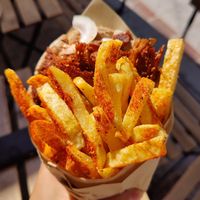 Nest with "pork" gyros and tzatziki at 269 Fast Vegan Food in Crete