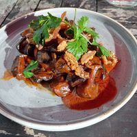 Ssamjang pulled mushroom, sourdough crumpet, spring onion, coriander at Anchor in Cambridge