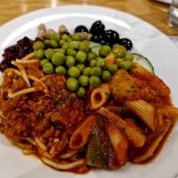 Vegan Spag Bol, Vegetable Pasta, cold salad selection, some peas at Hot Flame in Livingston