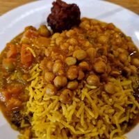 Vegetable Pakora, Vegetable Curry, Pilau Rice, Taka Dhal and Vegan Chana at Hot Flame in Livingston