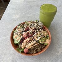 Spicy beet poke bowl + green smoothie.  at Plant Based Paradise Kailua in Kailua
