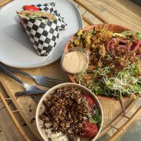 Buffalo cauliflower wrap, breakfast bowl & the cacao nirvana smoothie bowl - all very good   at Plant Based Paradise Kailua in Kailua