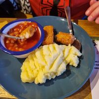 Kids meal - fish less fingers, mash and beans at VK Plant Based Diner in Waterlooville