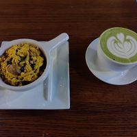 Tofu scramble (with potatoes and black beans) and a matcha latte at Flying Apron Bakery - Fremont Ave in Seattle