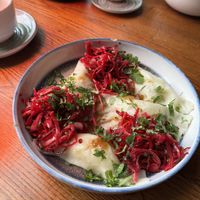 Potato dumplings with amazing red cabbage saladd  at Lendav Maaler in Tallinn
