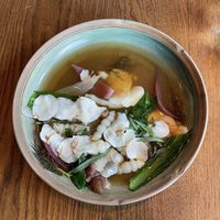 Starter - Jerusalem artichoke agnolotti in warm autumn nage & pickled hen of woods  at Hide in London