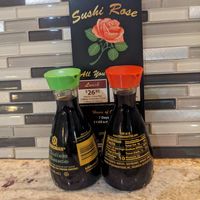 Soy sauce and menu setup at bar at Sushi Rose in Reno