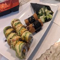 Tempura veggie long roll, inari nigiri, cucumber hand roll at Sushi Rose in Reno