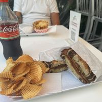 “Unreal” Vegan Ruben and house fries with spicy BBQ seasoning.   at Hot Johnnie's in San Francisco