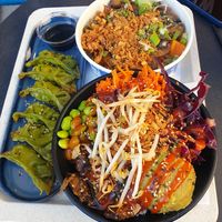 Miso eggplant poke, mushroom katsu udon, and legume gyoza at Island Poké in Grenoble