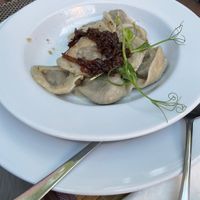 Dumplings (onions on top not bacon!!)  at Lokys in Vilnius