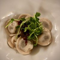 Dumplings filled with mushrooms and onion jam  at Lokys in Vilnius
