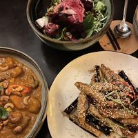 beetroot spinach salad, fried aubergine, curry  at Jasmijn en Ik in Utrecht