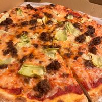 Vegan pizza with artichokes & beyond beef at Heights Pizza in Tampa
