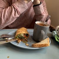 Half eaten Thai tofu wrap - side of minestrone (withOUT parm) in the cup  at Grateful Bread Bakery in Pacific City