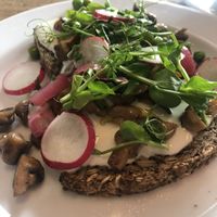 wonderbread (vegan, glutenfree; seeds) toast w peas, champignons, pickled onions, radish  at Café des Amis in Zurich
